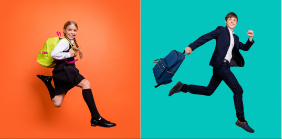 Tyttö ja poika juoksemassa reppuineen, kuva