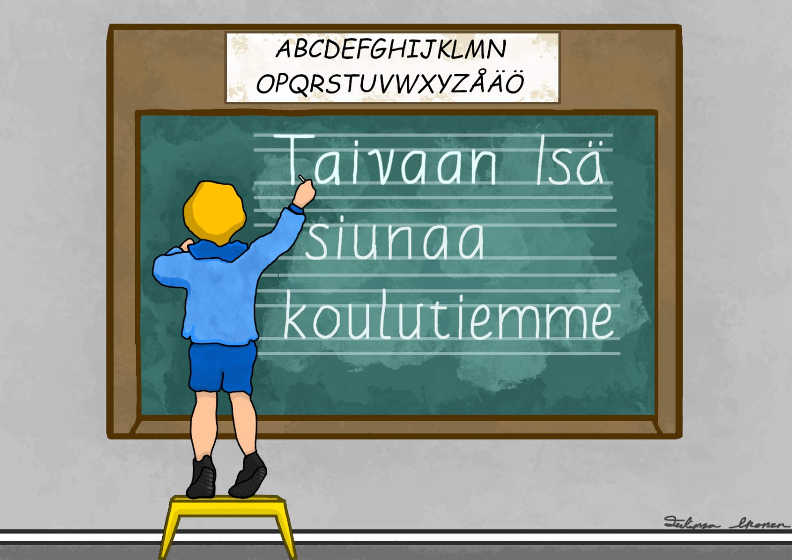 Lapsi kirjoittaa taululle: Taivaan Isä siunaa koulutiemme, kuva